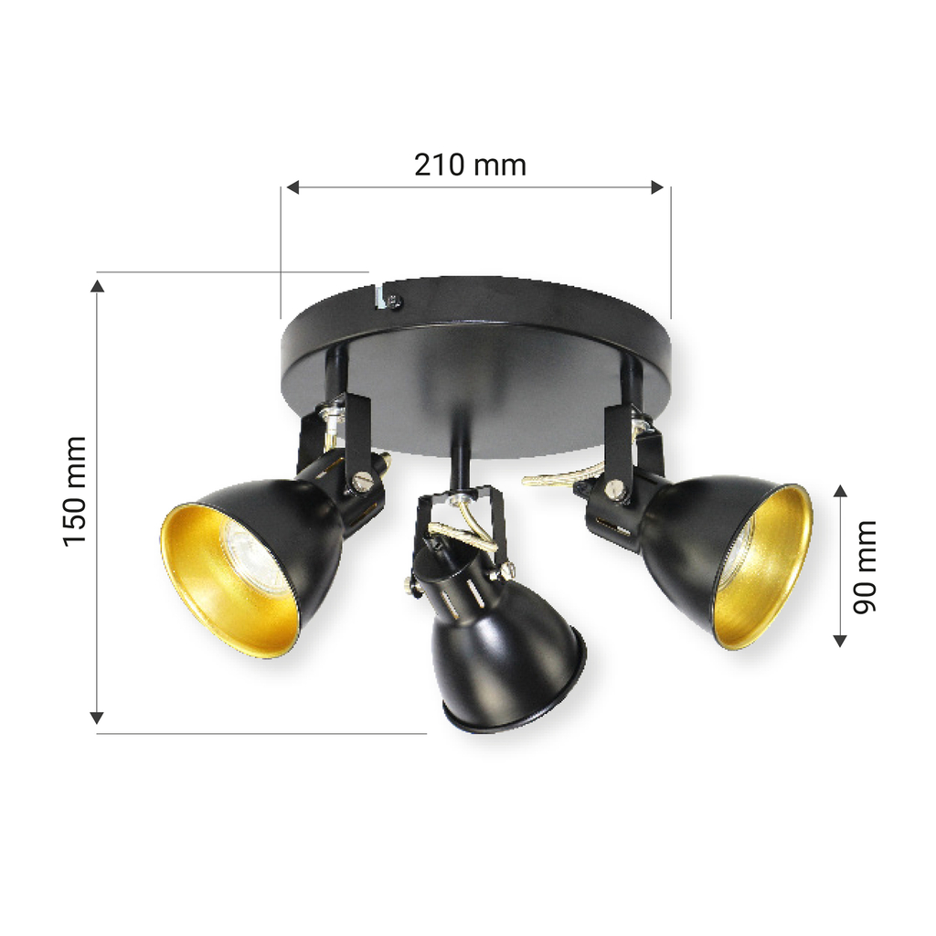 Stropné svietidlo 3 reflektory čierno-zlaté ORO FALCO