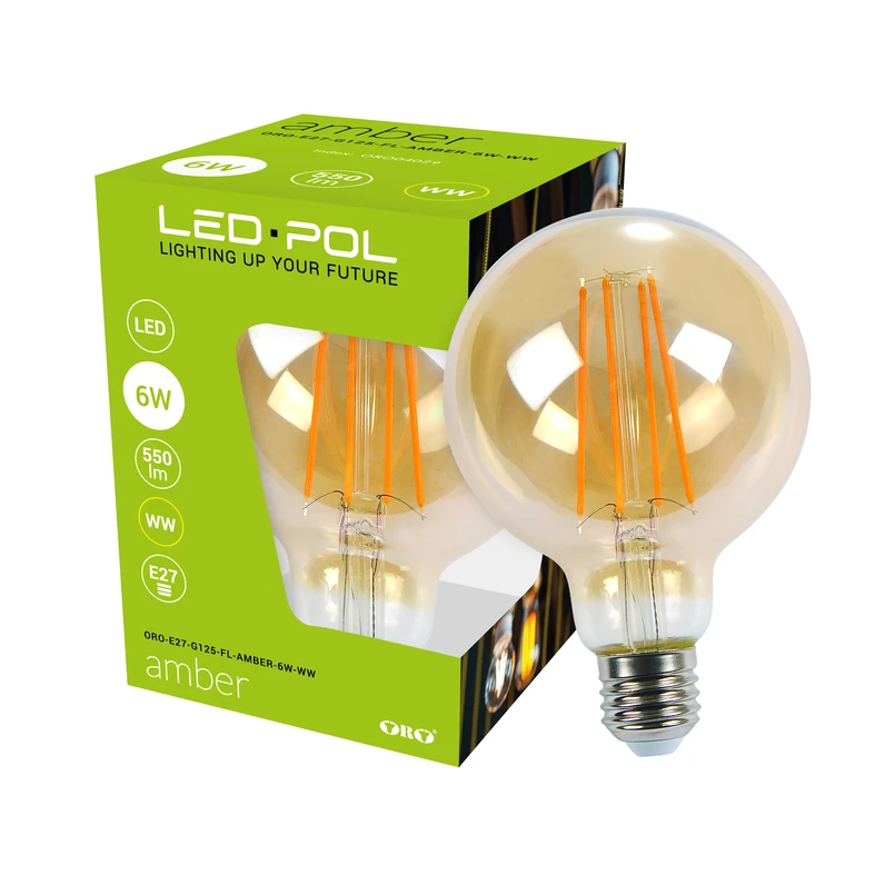 Dekoratívna LED žiarovka E27 6W teplá farba ORO-E27-G125-FL-AMBER-6W