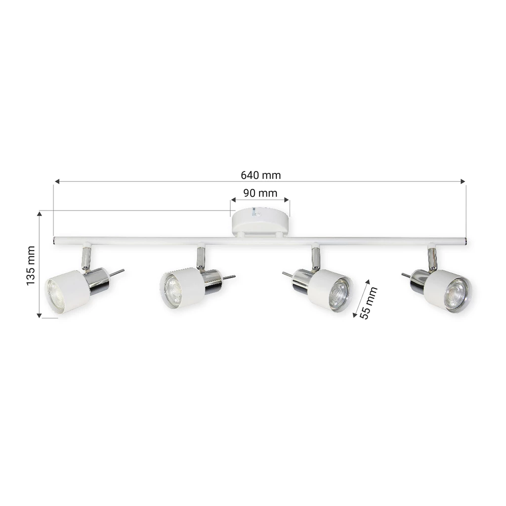 Listwa ORO STERNA posiada oprawę dla 4 żarówek typu GU10 o mocy maksymalnej 10W. Biały kolor lampy wprowadzi element naturalności i wkomponuje się w estetykę pomieszczeń urządzonych w oszczędnym, minimalistycznym stylu.