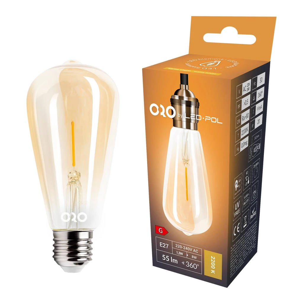 Dekoratívna retro LED žiarovka E27 1,3W teplá farba ORO-E27-ST64-FL-AMBER-1,3W-WW