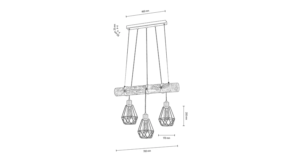 Lampa wisząca rustykalna sosna FORTADA 3 - wymiary.