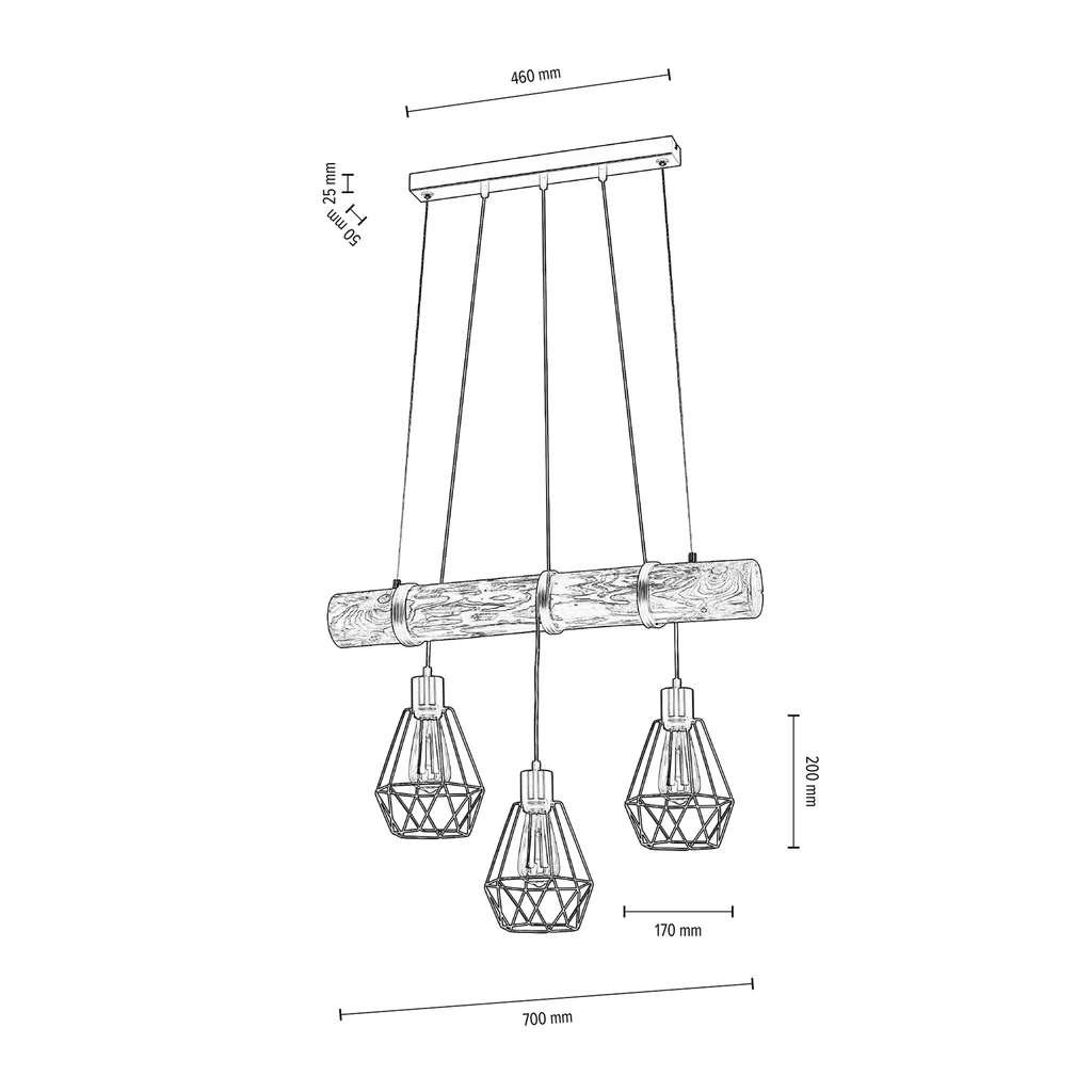 Lampa wisząca rustykalna sosna FORTADA 3 - wymiary.