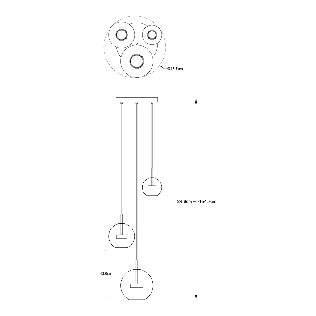 Lampa wisząca LED okrągła podstawa 3 klosze chrom ENCELADUS - wymiary.