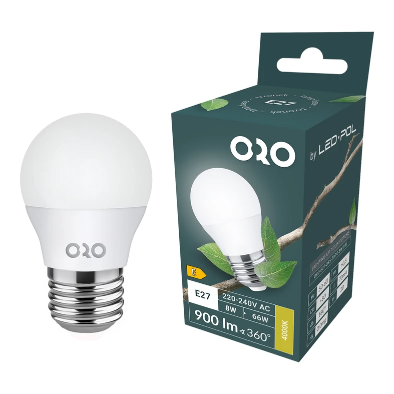 LED žiarovka E27 8W neutrálna farba ORO-E27-G45-TOTO-8W-DW