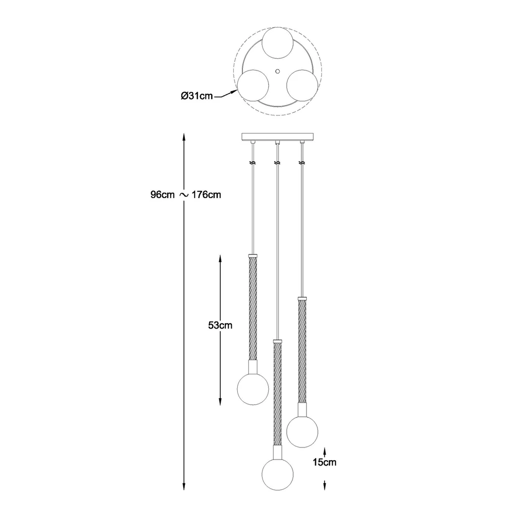 Lampa wisząca 3 klosze okrągła podstawa złota MIDA - wymiary.