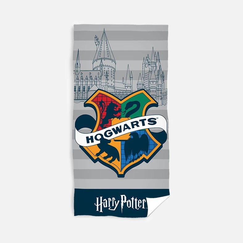 Szary ręcznik dla dziecka z kolorowym napisem hogwarts