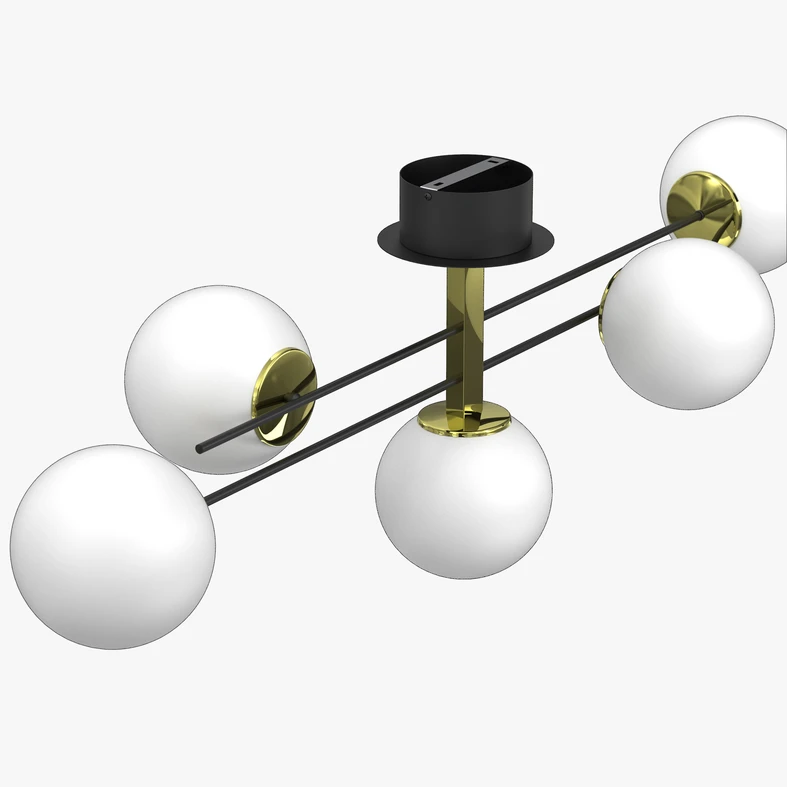 Geometryczna podstawa lampy o rozpiętości ramion 112 cm, została ozdobiona czarno-złotym wykończeniem.