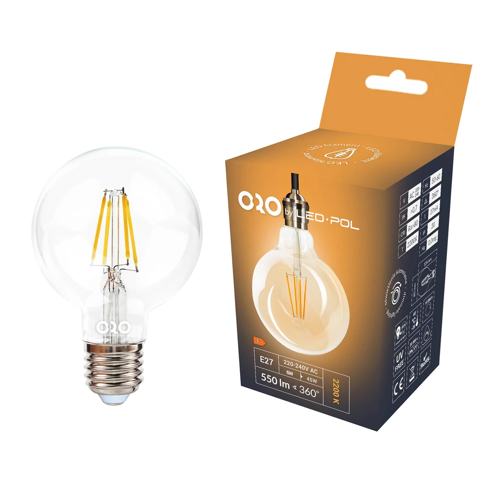 LED žiarovka E27 6W neutrálna farba ORO-E27-G80-FL-CLARO-6W-DIMM-DW