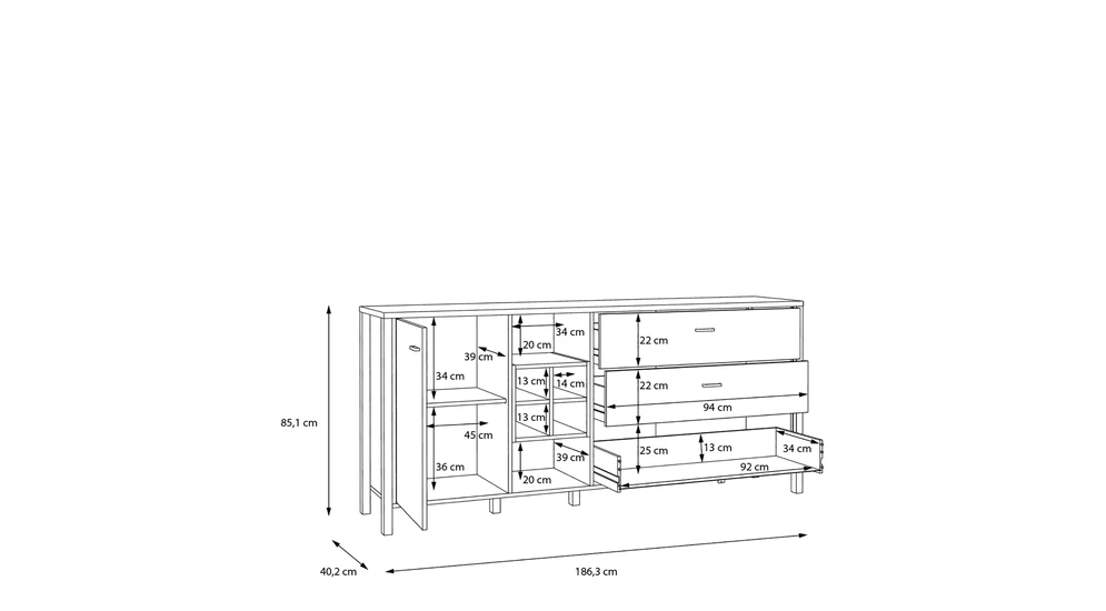 Široká komoda so zásuvkami a policami HIGH ROCK