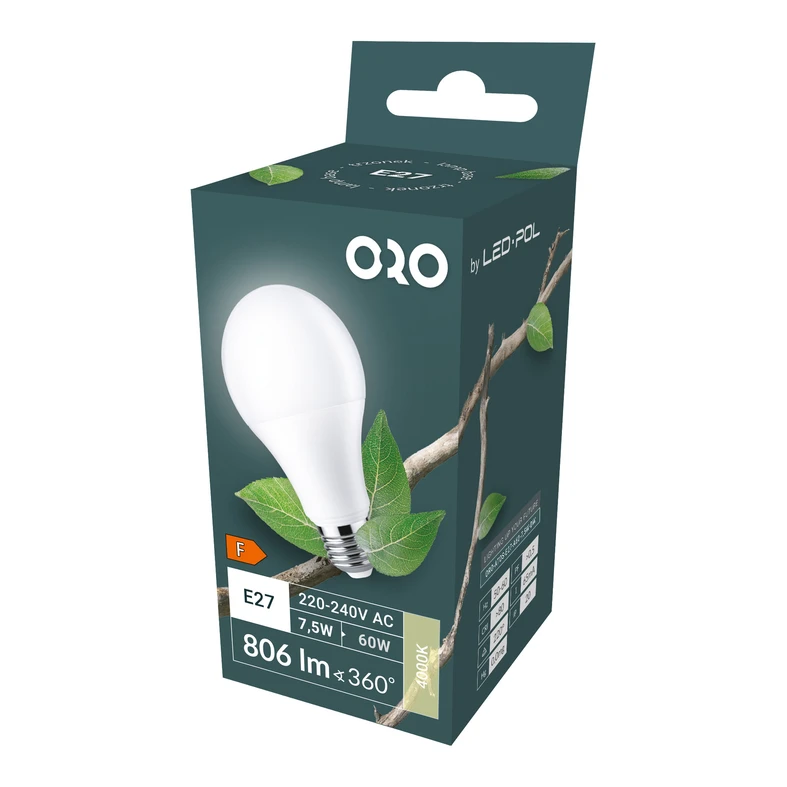 Žiarovka LED E27 8,5W neutrálna farba ORO-ATOS-E27-A60-8,5W-DW