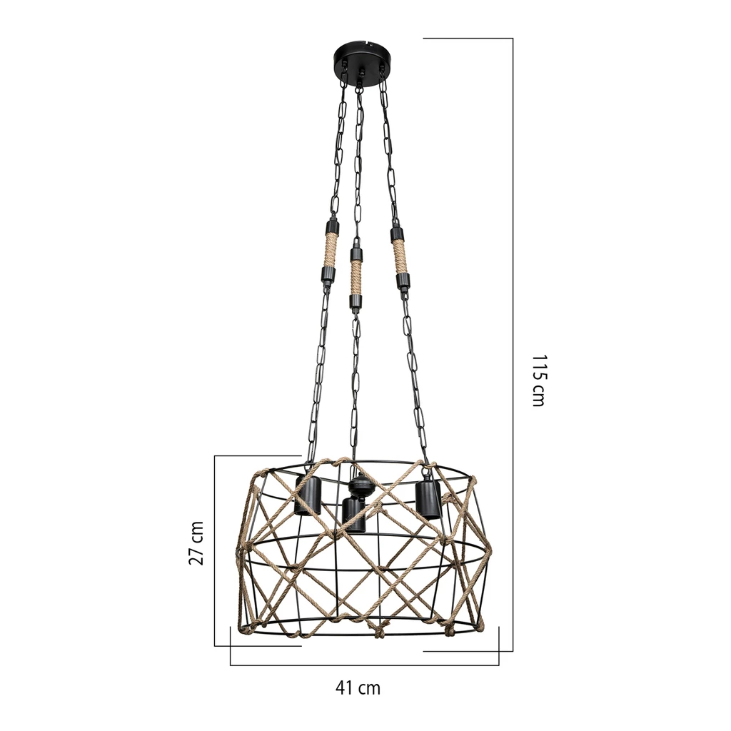 SIDELYA to lampa wisząca, która udekoruje wnętrze nadając mu stylizacji boho lub marynistycznej oraz naturalnego czaru. Ozdobna oprawa dla żarówek ma kształt wzorowany na geometrycznej figurze. Jej atutem i ozdobą są naturalne komponenty. 