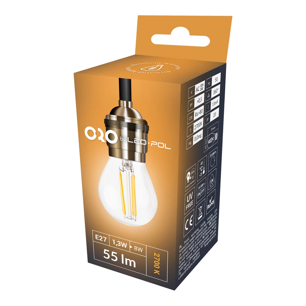 Žiarovka LED E27 1,3W ORO-E27-G45-FL-CLARO-1,3W-WW teplá farba