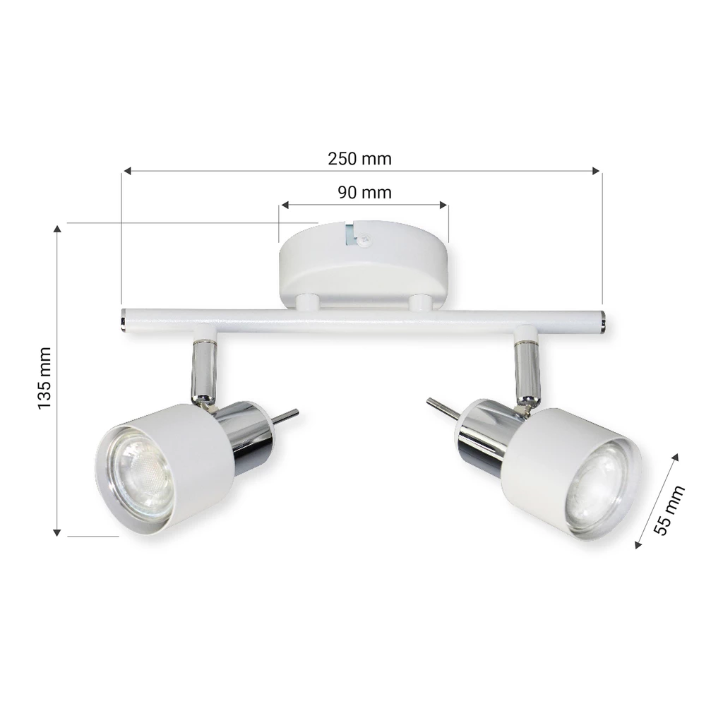 ORO STERNA posiada oprawę dla 2 żarówek typu GU10 o mocy maksymalnej 10W. Biały kolor lampy wprowadzi element naturalności i wkomponuje się w estetykę pomieszczeń urządzonych w oszczędnym, minimalistycznym stylu.