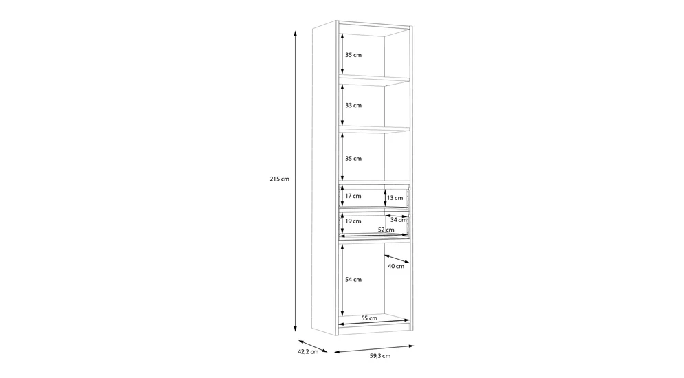 Knižnica s policami a zásuvkami S-ROOM 59,4 cm