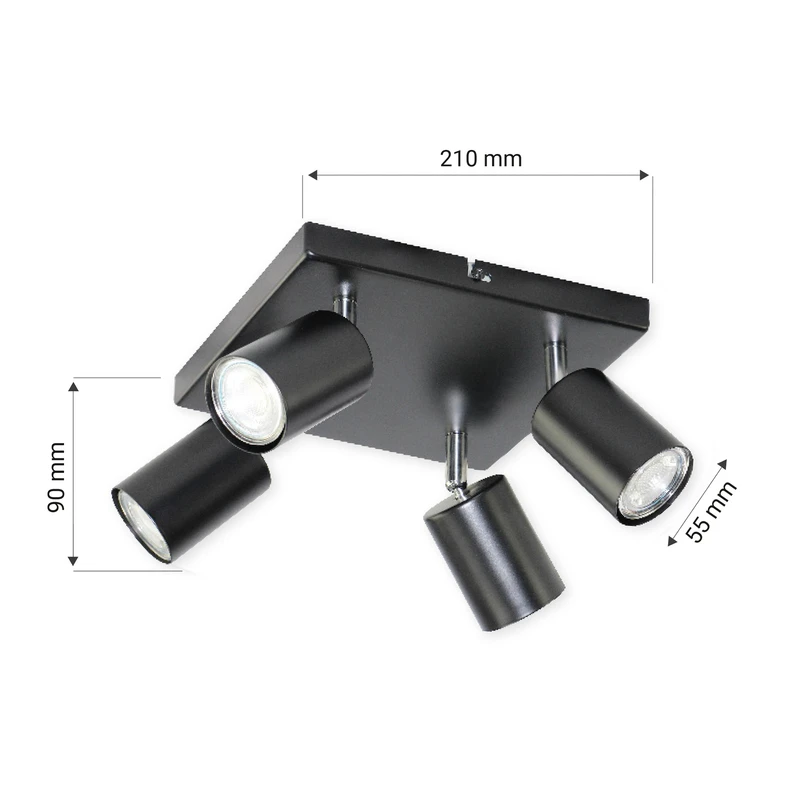 Czarna lampa sufitowa ORO GAVIA posiada oprawę dla 4 żarówek LED typu GU10 o mocy maksymalnej 10W. Umieścisz w niej żarówki o ciepłej, zimnej lub neutralnej temperaturze barwowej.