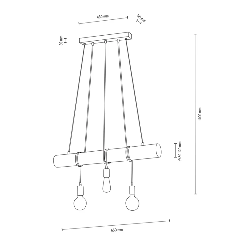 Lampa wisząca rustykalna orzech TRABO 3 - wymiary.